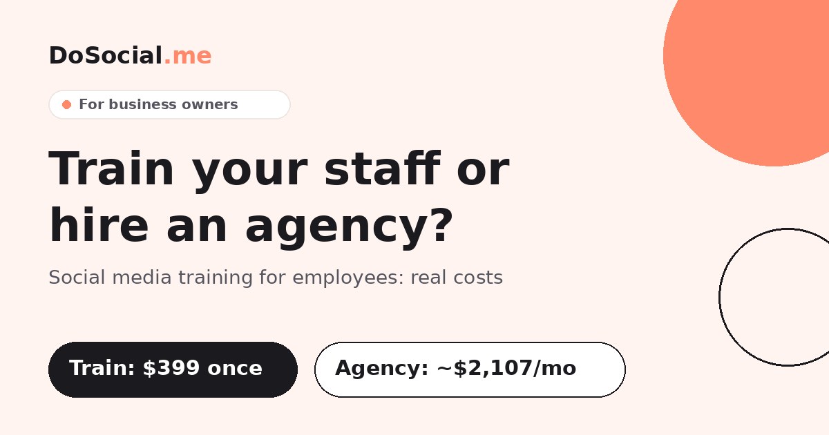 Social media training for employees: $399 one-time vs about $2,107 a month for an agency